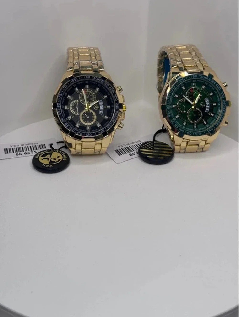 AJ stainless steel watch bundle gold tone, green/black face